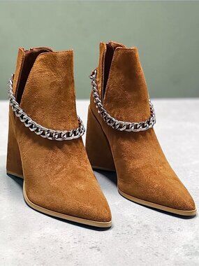 Tan Faux Suede Pointed Toe Ankle Boots With Silver Chain Detail & Block Heel